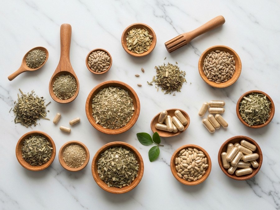 Selección de ingredientes botánicos y suplementos naturales cuidadosamente presentados para potenciar la vitalidad.