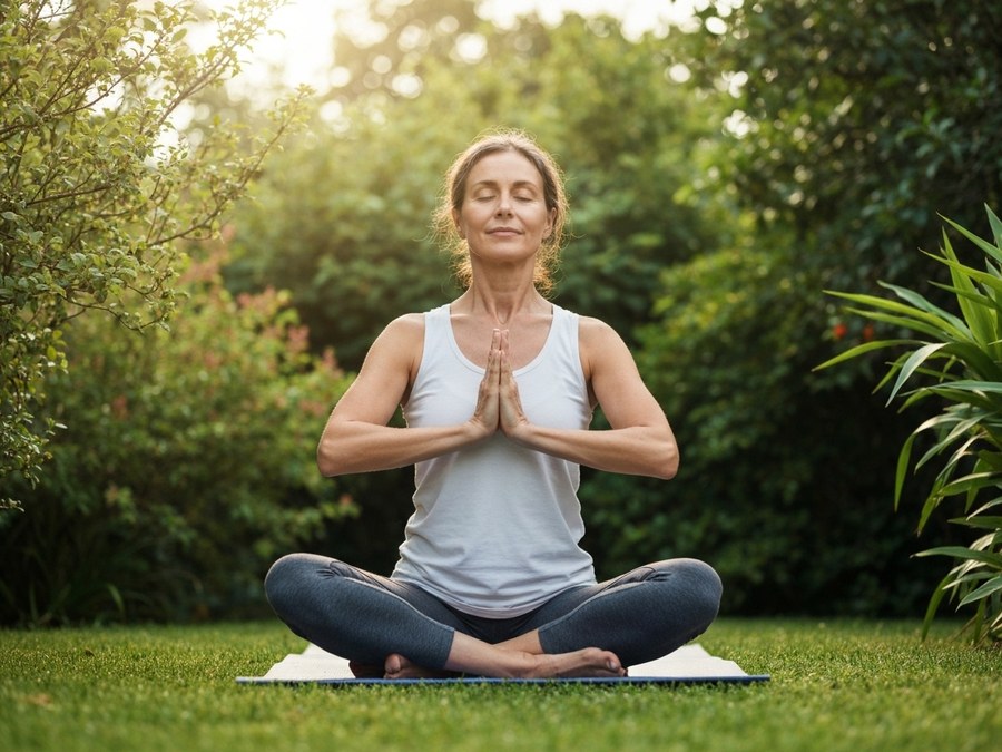 Persona sonriente practicando yoga al aire libre al amanecer, simbolizando equilibrio y salud.